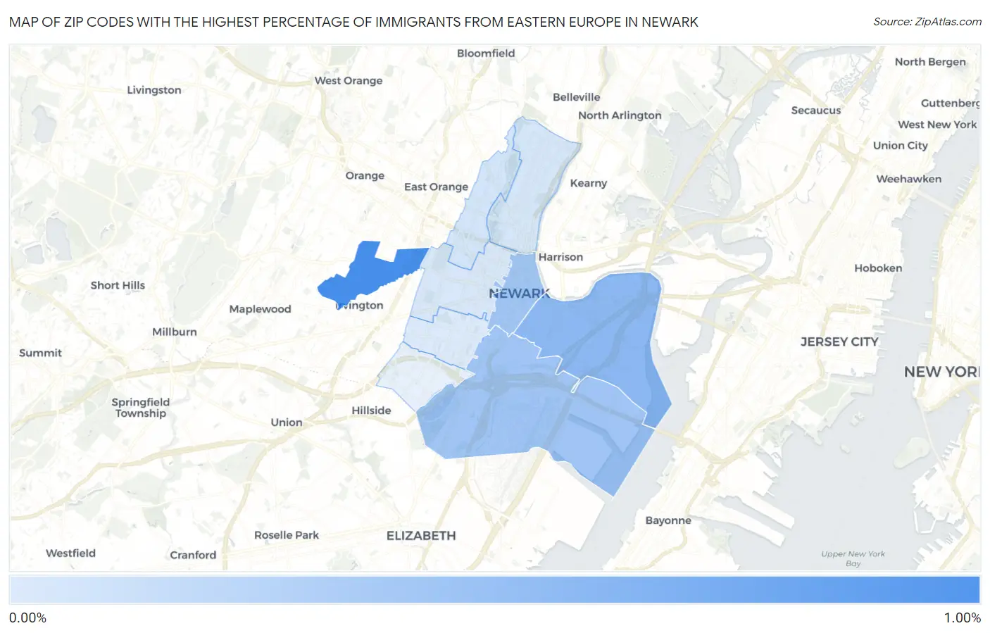 Zip Codes with the Highest Percentage of Immigrants from Eastern Europe in Newark Map
