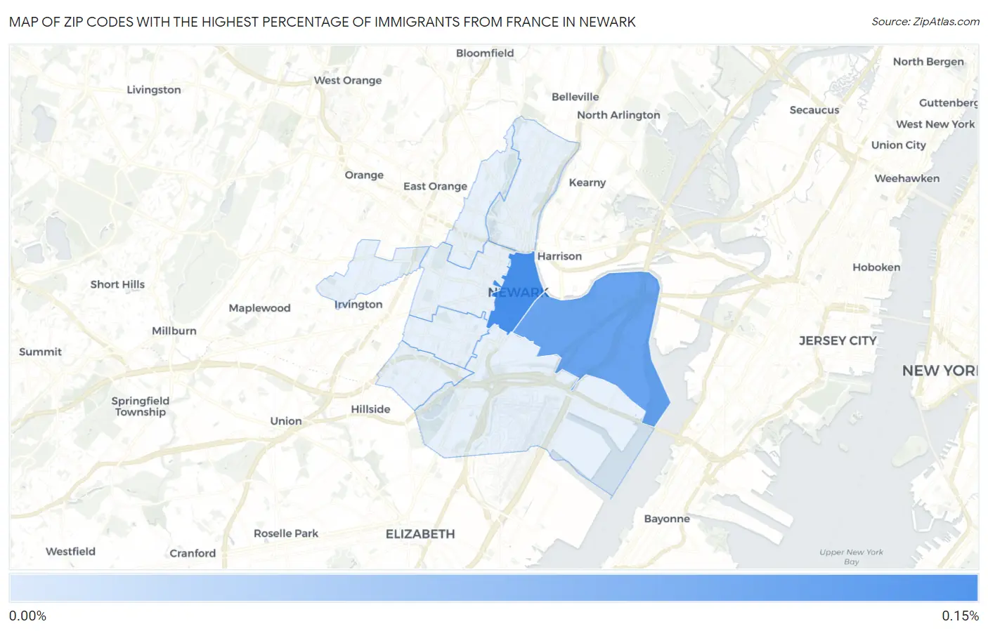 Zip Codes with the Highest Percentage of Immigrants from France in Newark Map