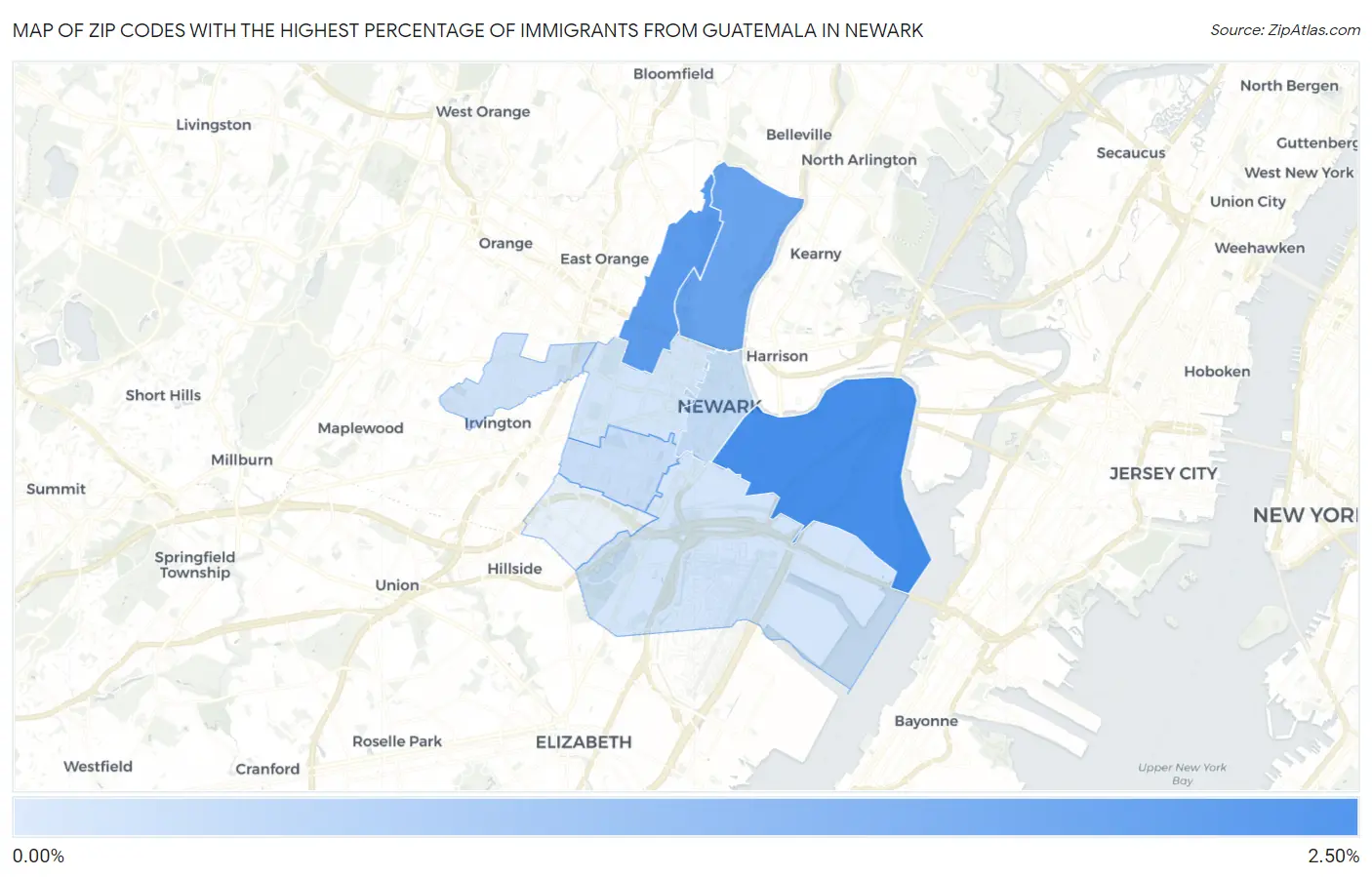 Zip Codes with the Highest Percentage of Immigrants from Guatemala in Newark Map
