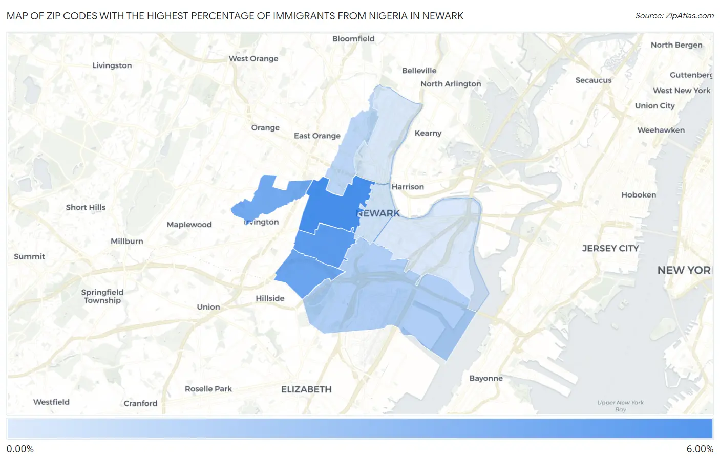 Zip Codes with the Highest Percentage of Immigrants from Nigeria in Newark Map