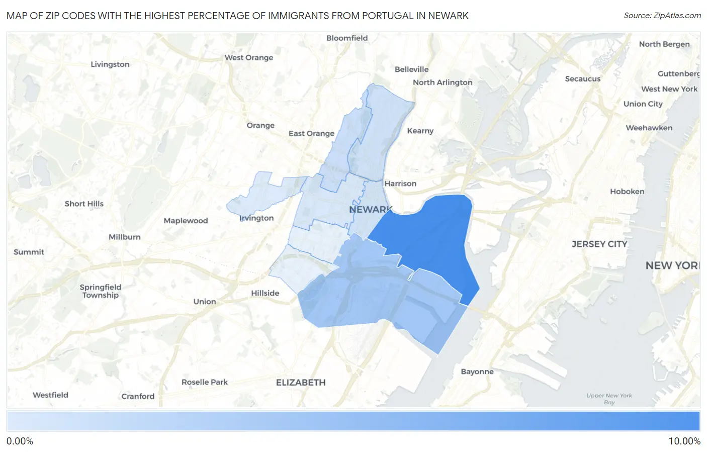 Zip Codes with the Highest Percentage of Immigrants from Portugal in Newark Map