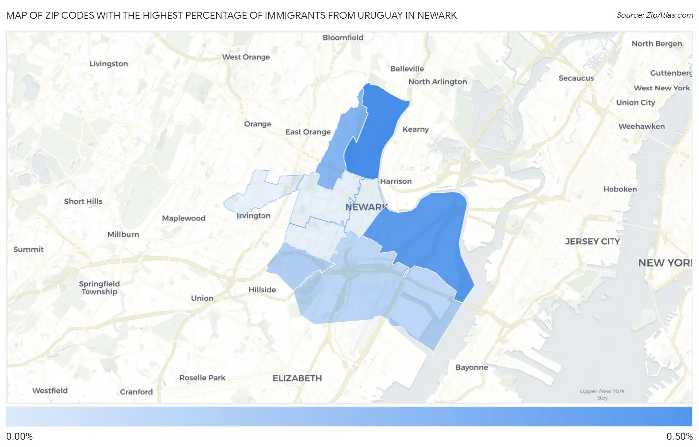 Zip Codes with the Highest Percentage of Immigrants from Uruguay in Newark Map