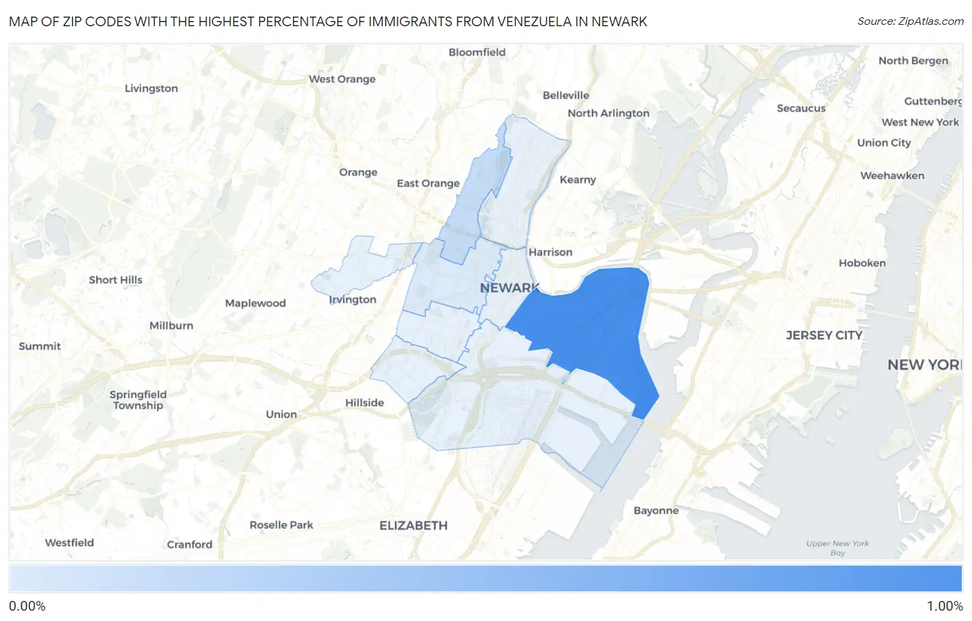 Zip Codes with the Highest Percentage of Immigrants from Venezuela in Newark Map