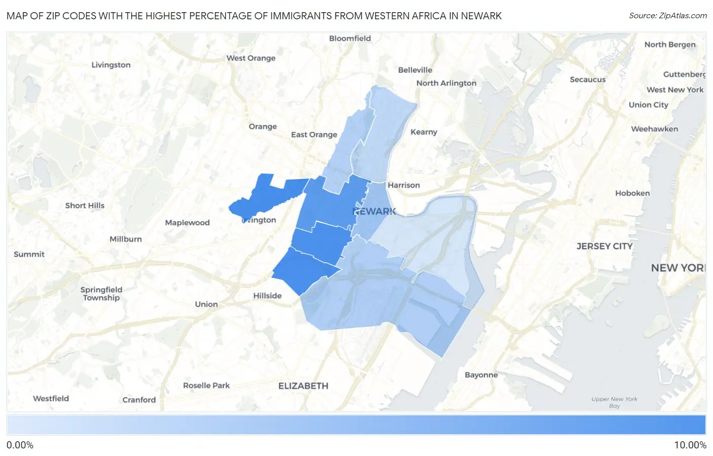 Zip Codes with the Highest Percentage of Immigrants from Western Africa in Newark Map