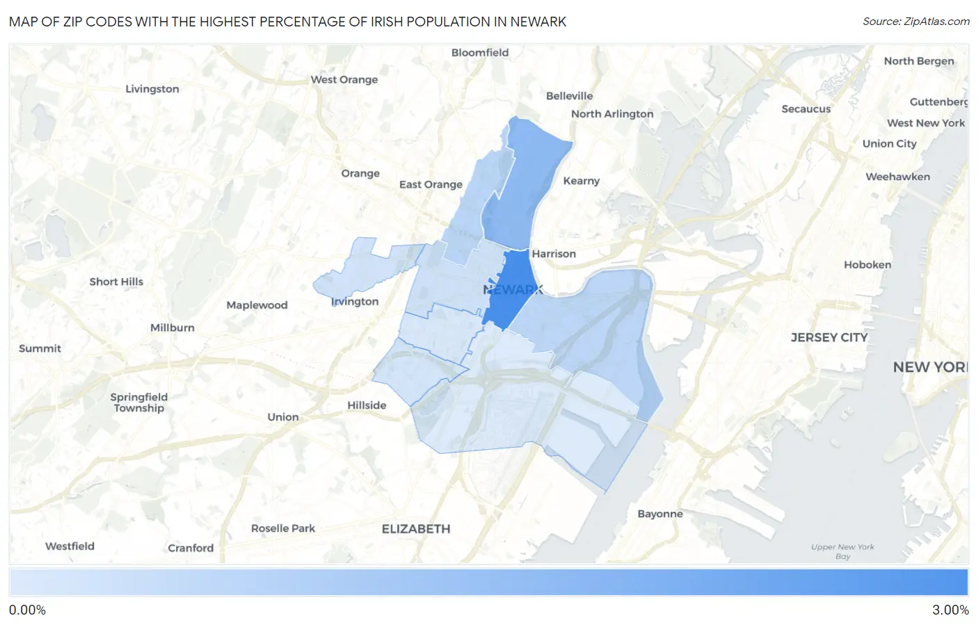 Zip Codes with the Highest Percentage of Irish Population in Newark Map