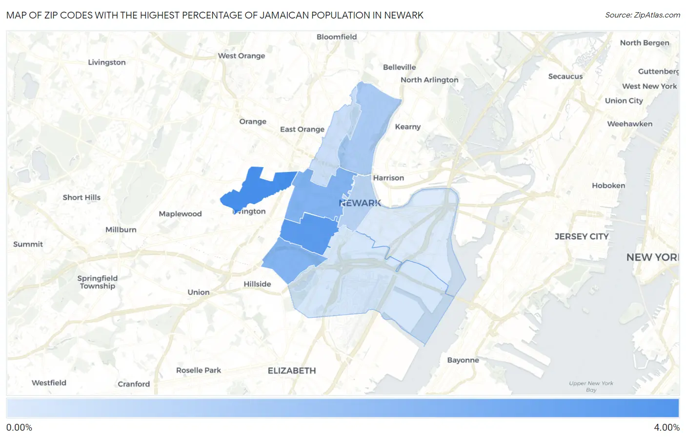Zip Codes with the Highest Percentage of Jamaican Population in Newark Map