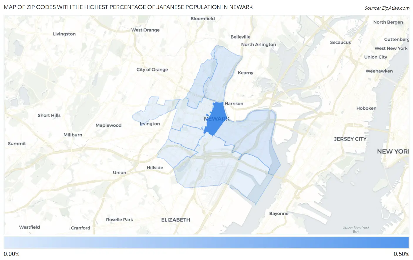 Zip Codes with the Highest Percentage of Japanese Population in Newark Map