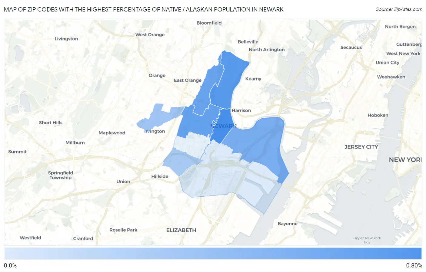 Zip Codes with the Highest Percentage of Native / Alaskan Population in Newark Map