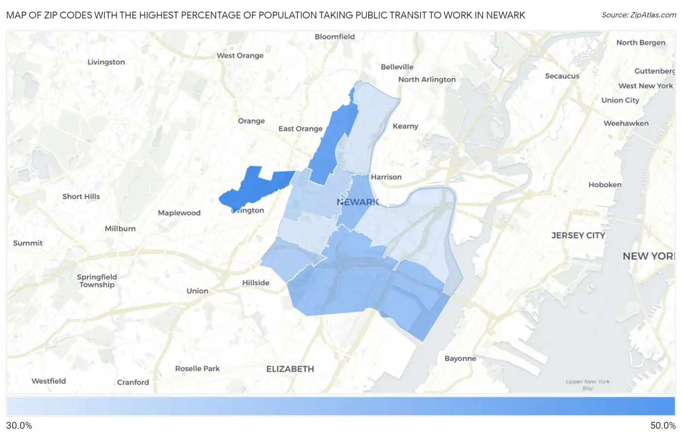 Zip Codes with the Highest Percentage of Population Taking Public Transit to Work in Newark Map