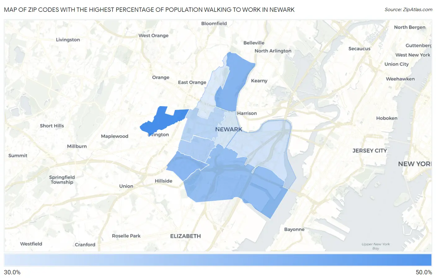 Zip Codes with the Highest Percentage of Population Walking to Work in Newark Map