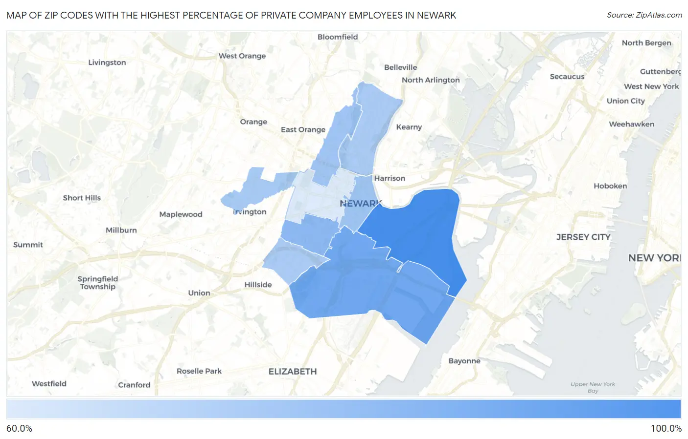 Zip Codes with the Highest Percentage of Private Company Employees in Newark Map