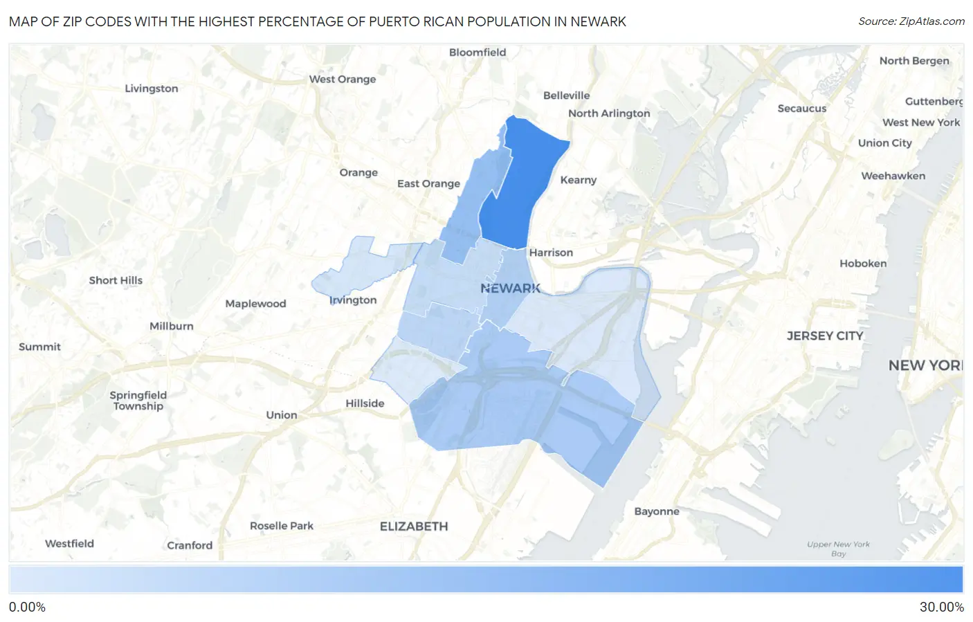 Zip Codes with the Highest Percentage of Puerto Rican Population in Newark Map