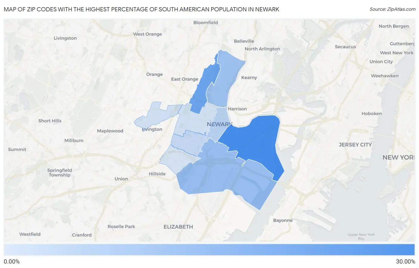 Zip Codes with the Highest Percentage of South American Population in Newark Map