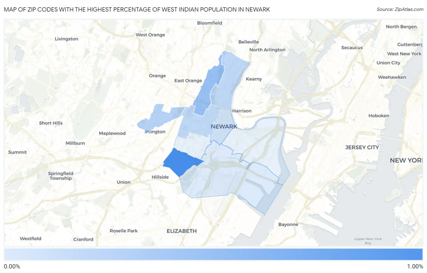 Zip Codes with the Highest Percentage of West Indian Population in Newark Map
