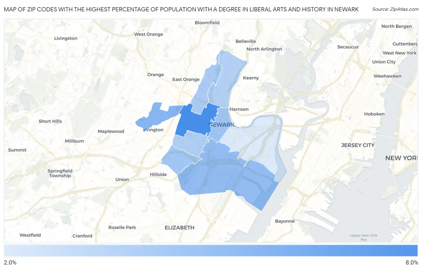 Zip Codes with the Highest Percentage of Population with a Degree in Liberal Arts and History in Newark Map