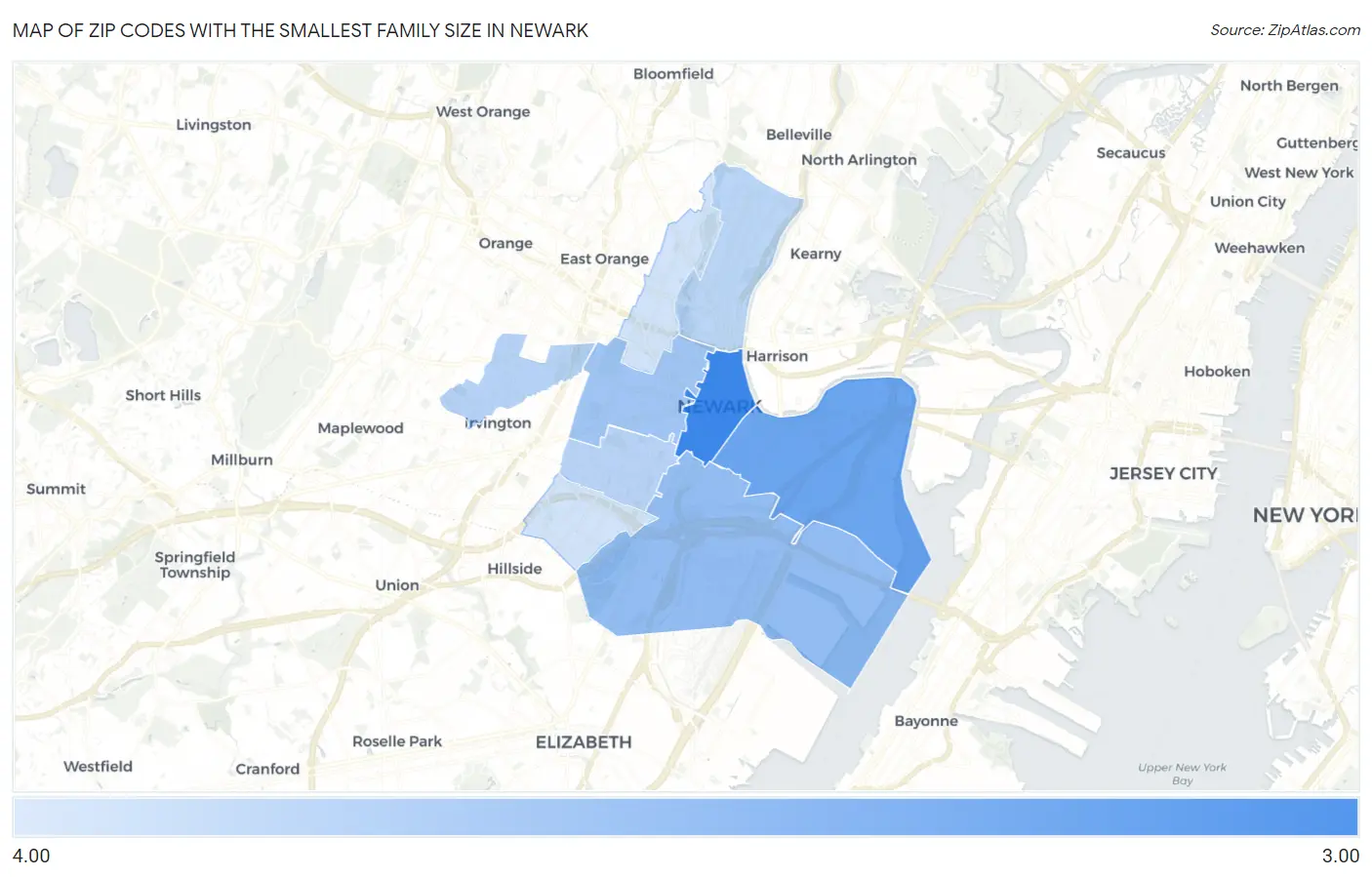 Zip Codes with the Smallest Family Size in Newark Map