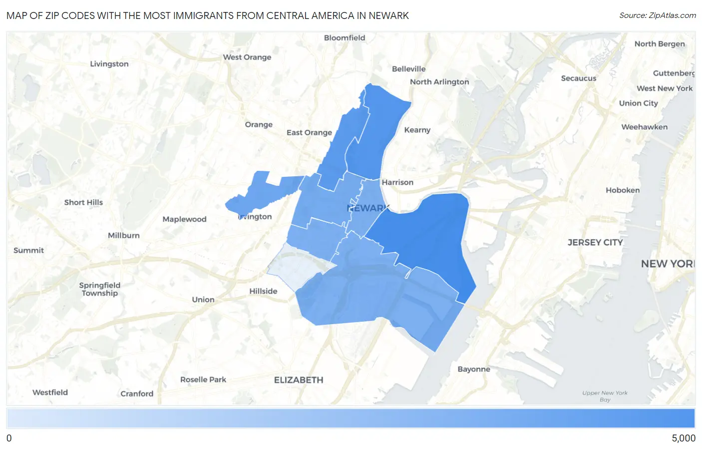 Zip Codes with the Most Immigrants from Central America in Newark Map