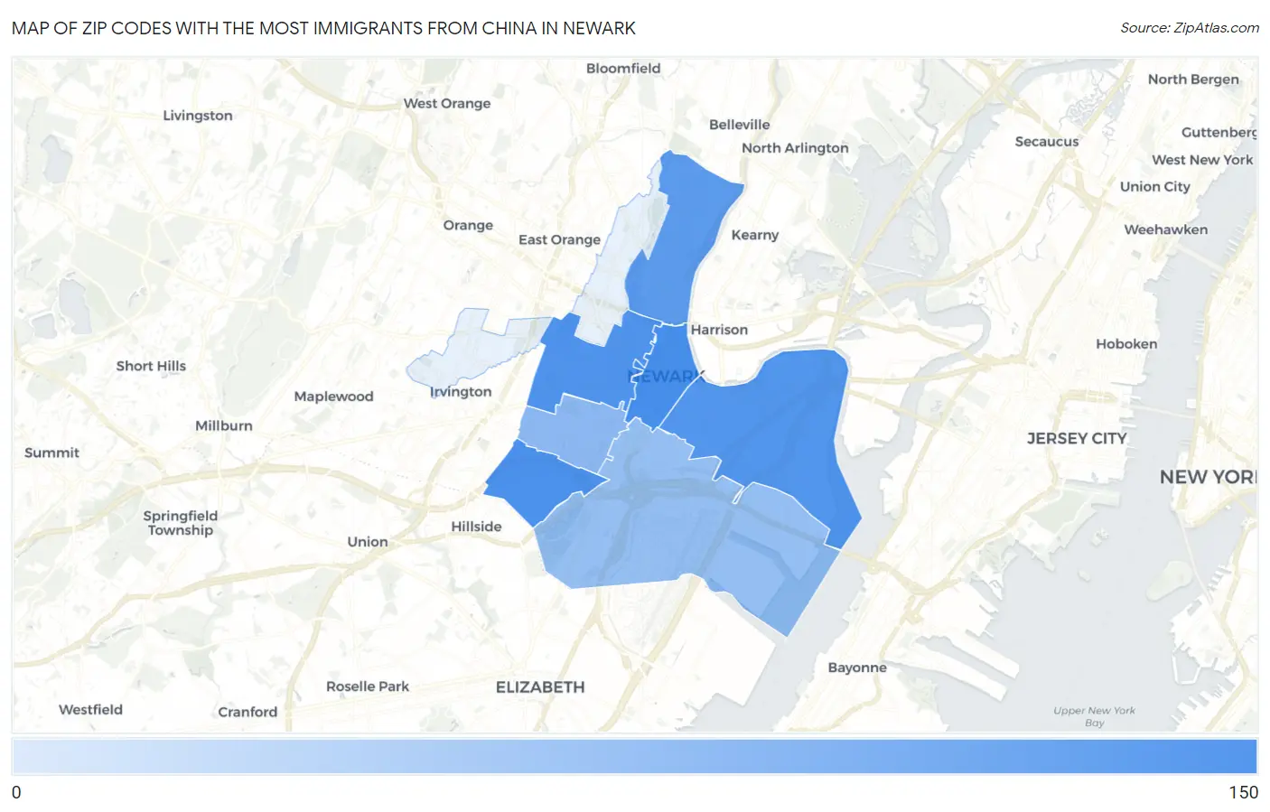 Zip Codes with the Most Immigrants from China in Newark Map
