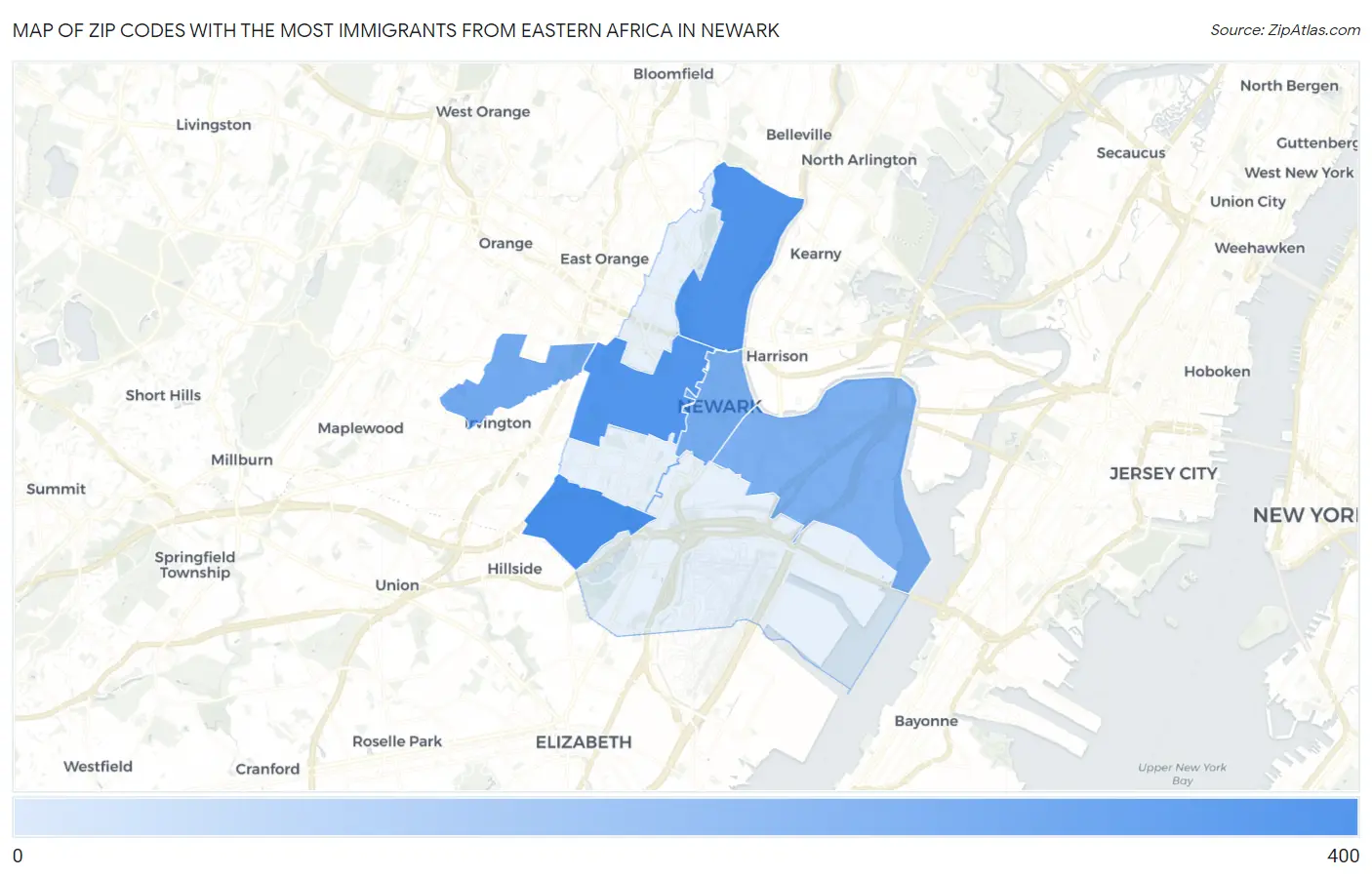 Zip Codes with the Most Immigrants from Eastern Africa in Newark Map