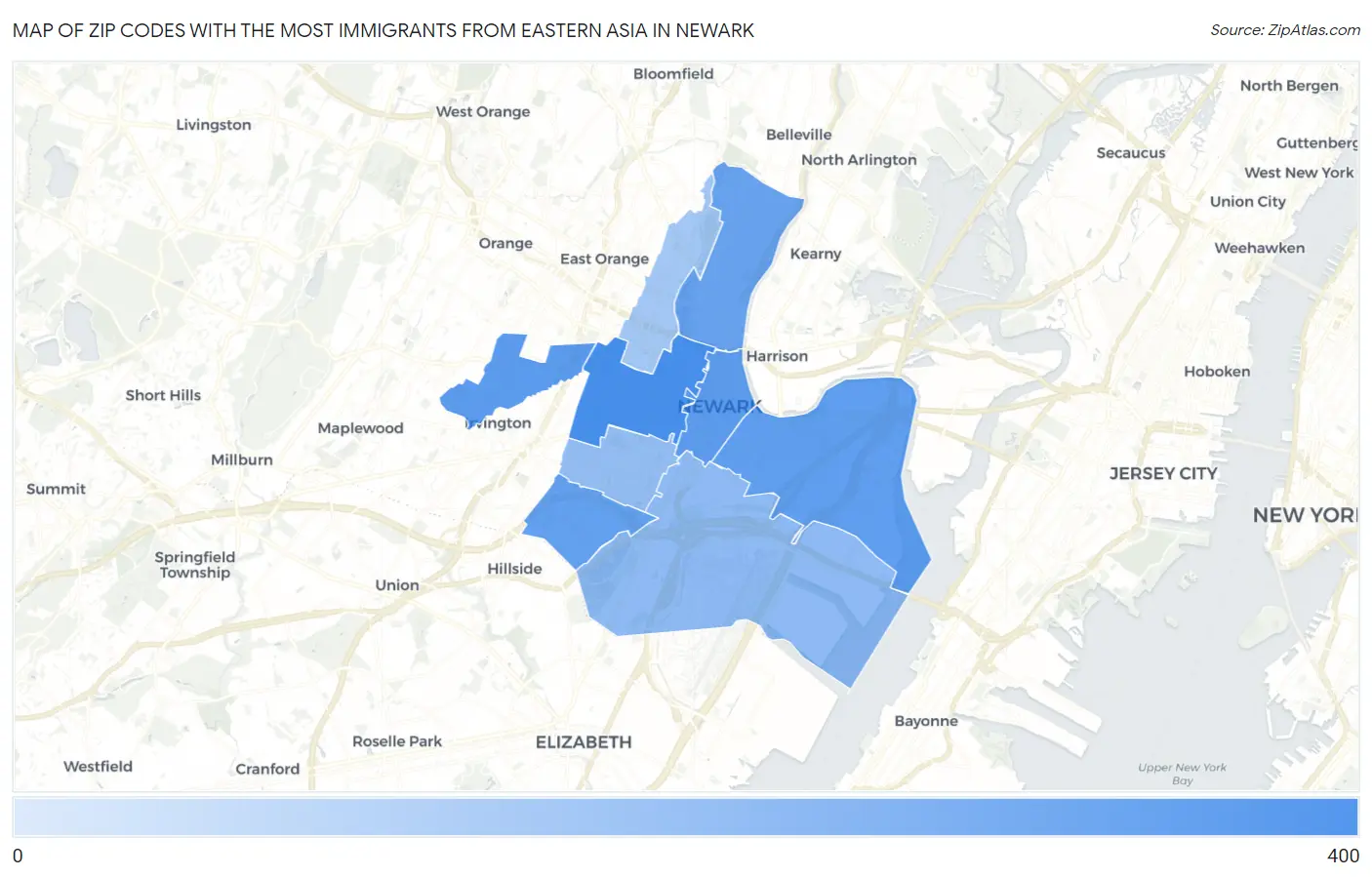 Zip Codes with the Most Immigrants from Eastern Asia in Newark Map