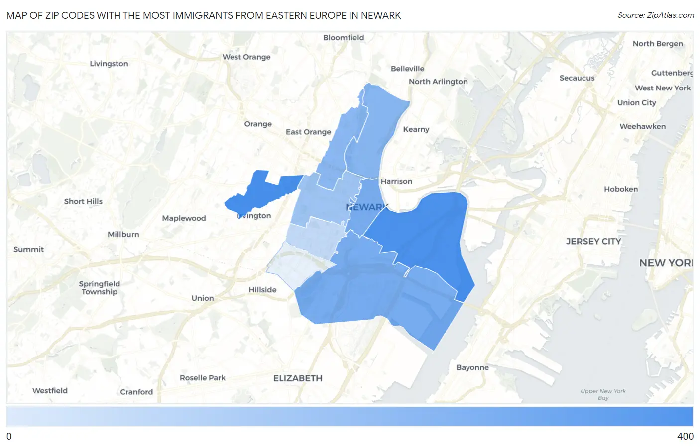 Zip Codes with the Most Immigrants from Eastern Europe in Newark Map