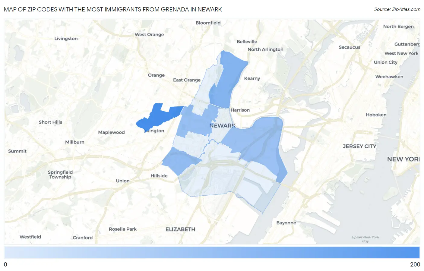 Zip Codes with the Most Immigrants from Grenada in Newark Map