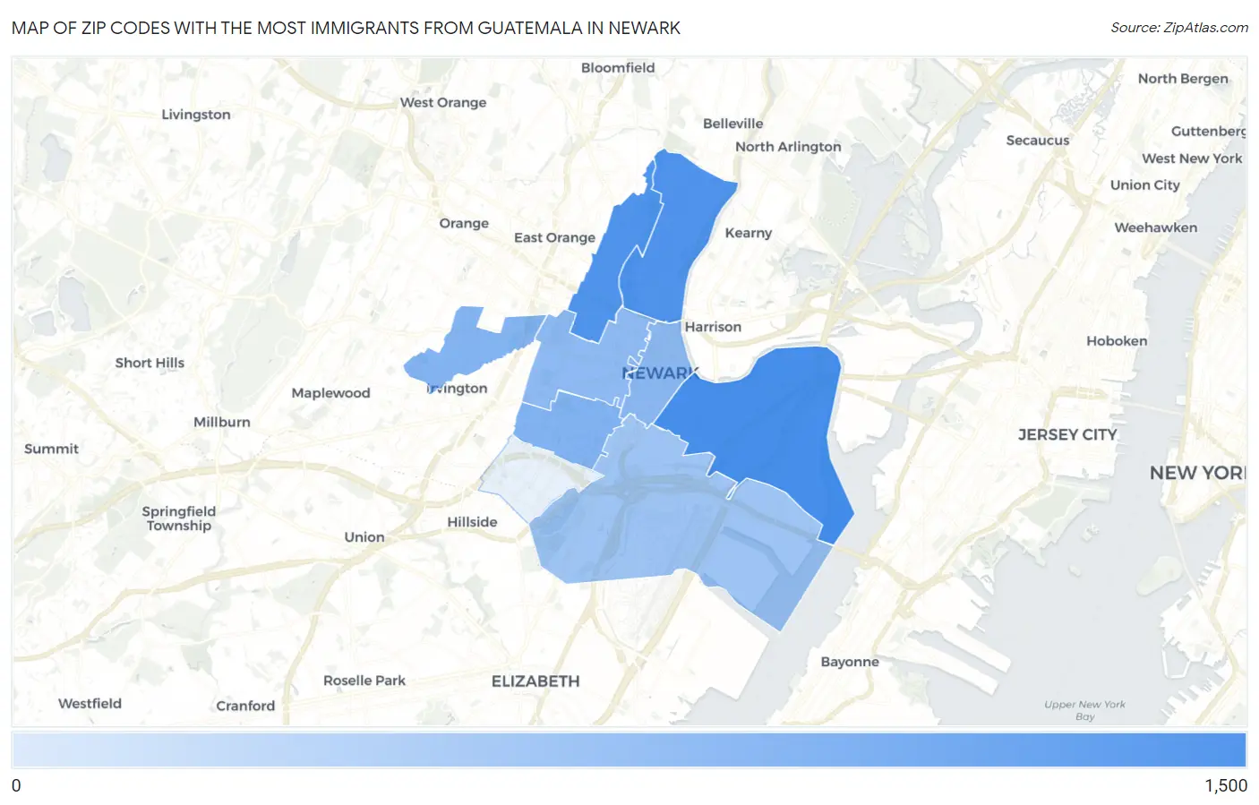 Zip Codes with the Most Immigrants from Guatemala in Newark Map