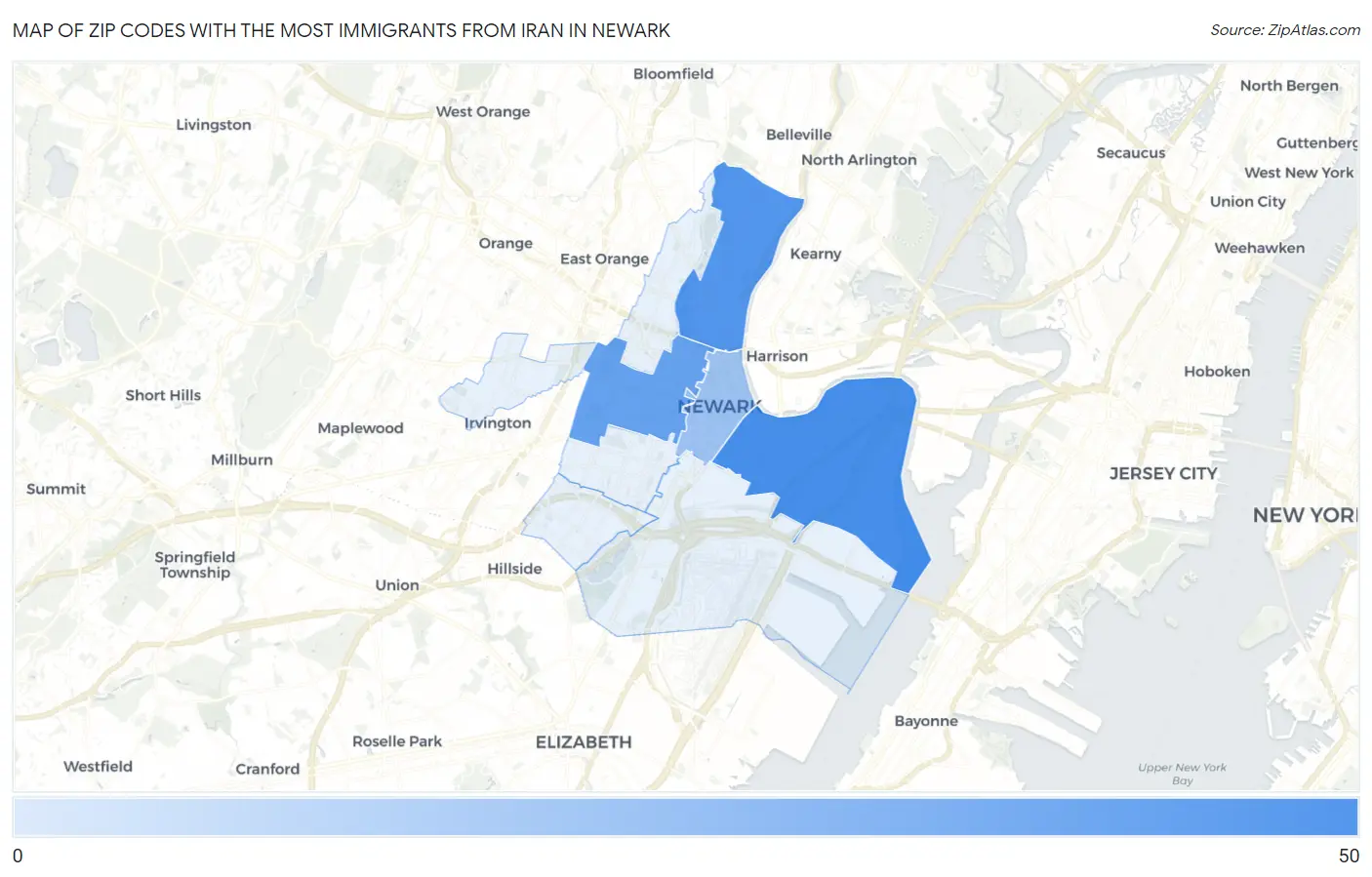 Zip Codes with the Most Immigrants from Iran in Newark Map