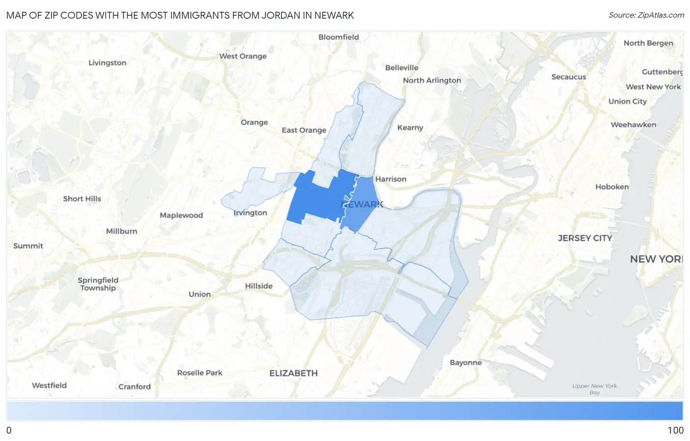 Zip Codes with the Most Immigrants from Jordan in Newark Map