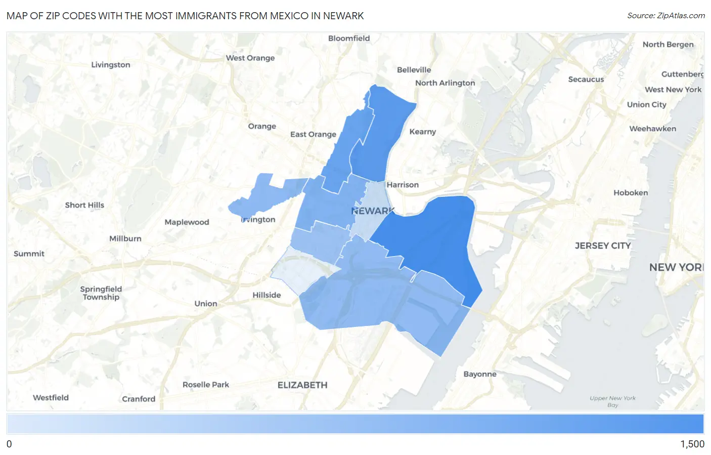 Zip Codes with the Most Immigrants from Mexico in Newark Map