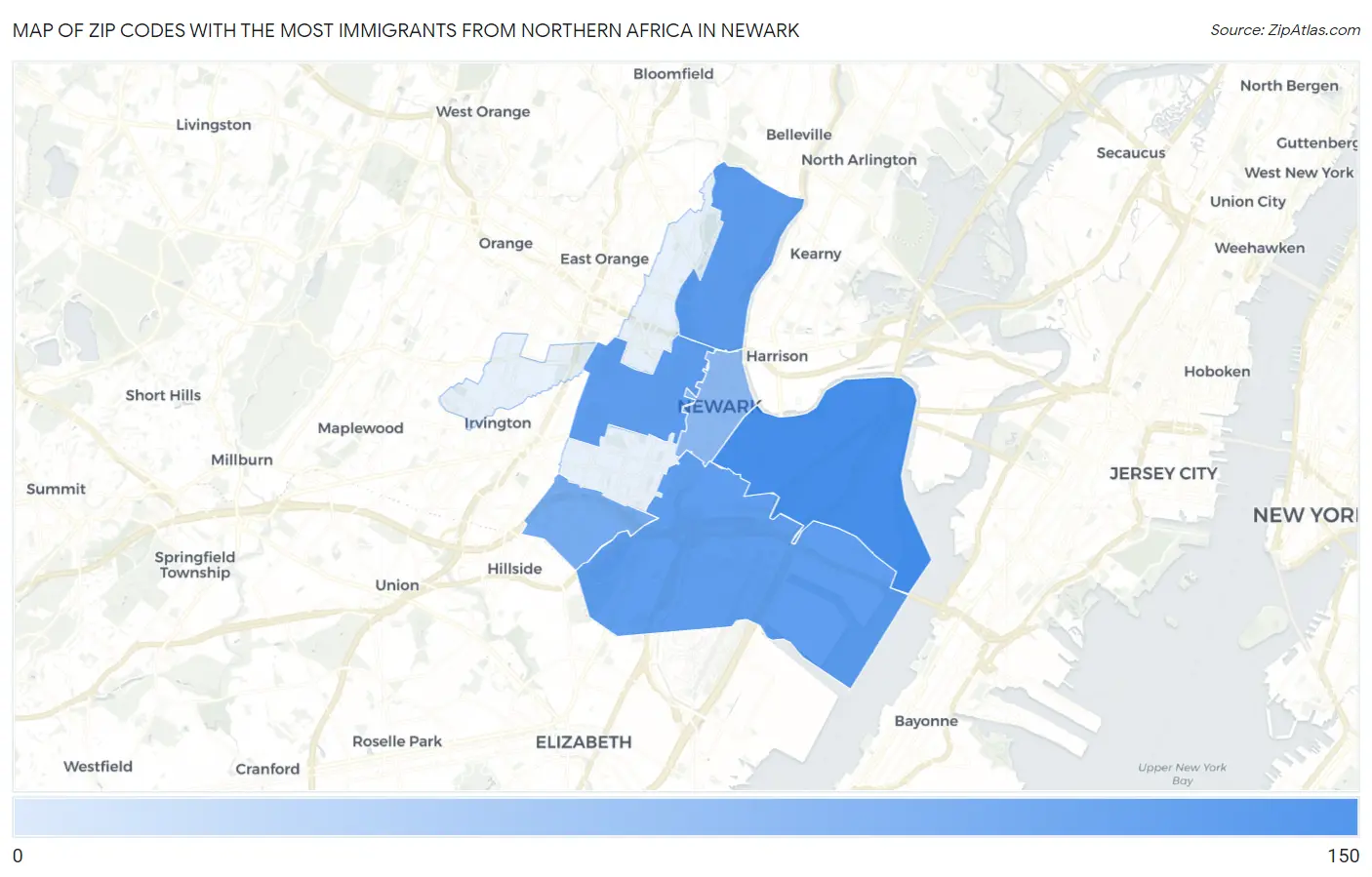 Zip Codes with the Most Immigrants from Northern Africa in Newark Map