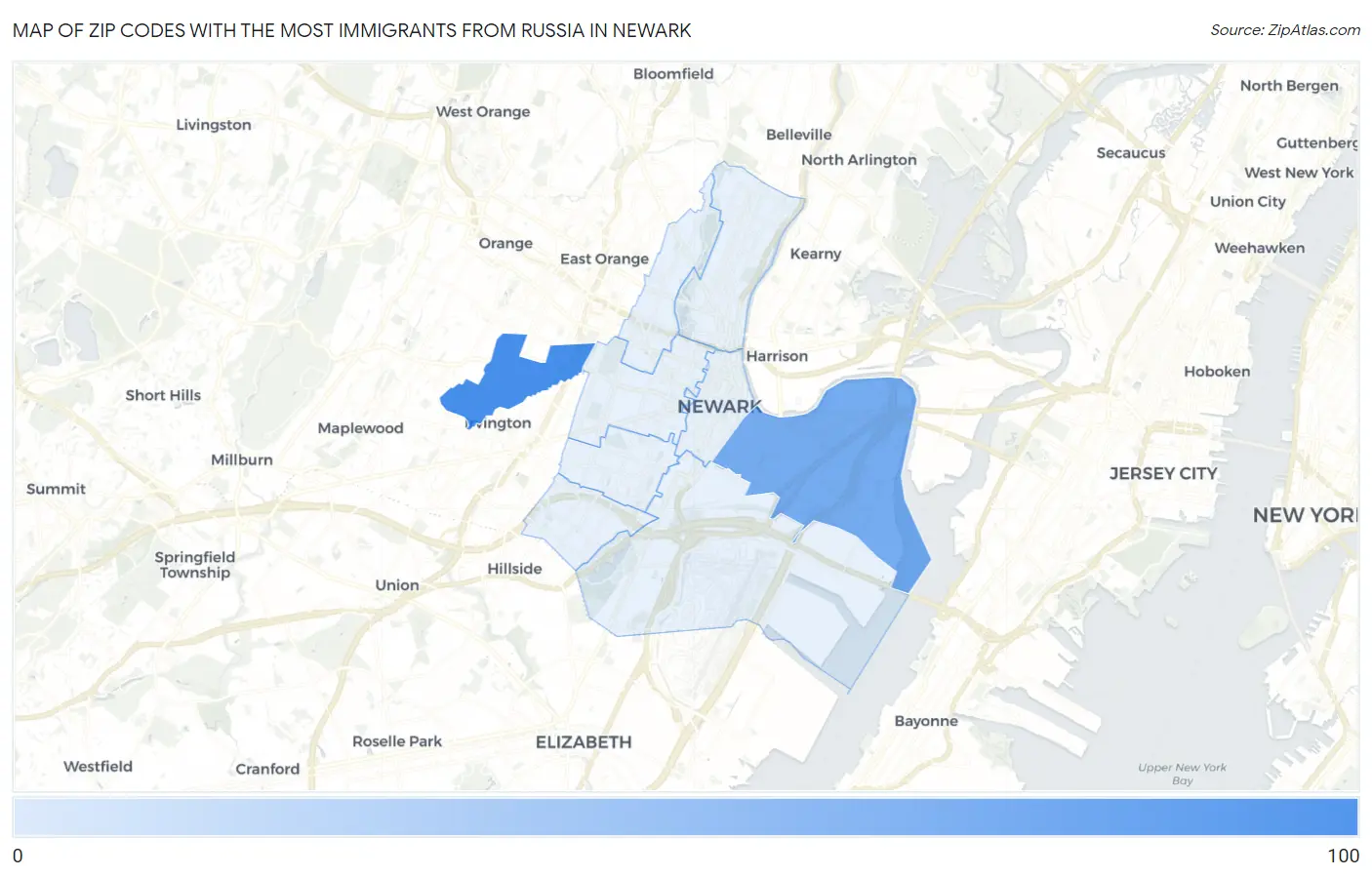 Zip Codes with the Most Immigrants from Russia in Newark Map