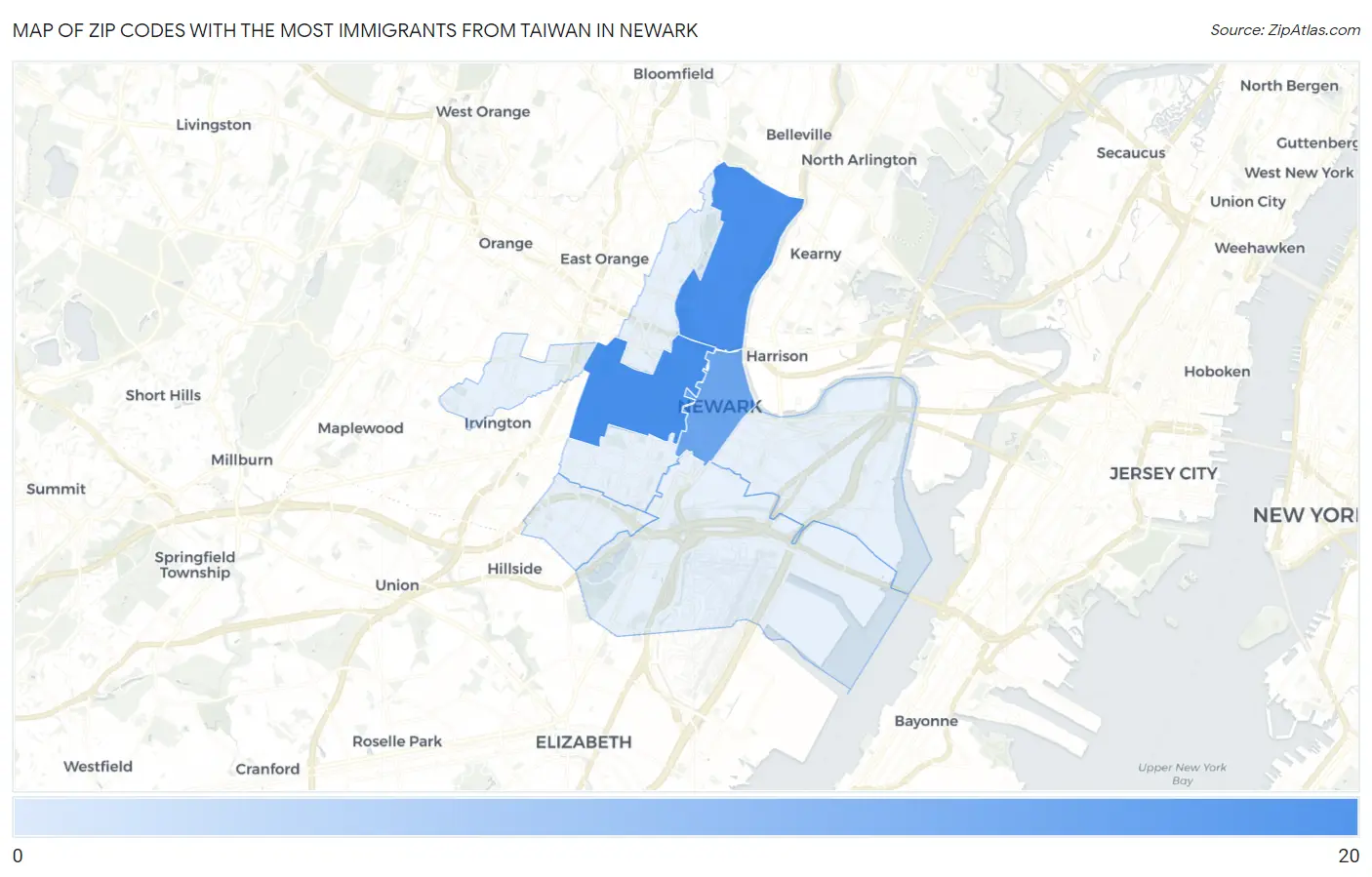 Zip Codes with the Most Immigrants from Taiwan in Newark Map