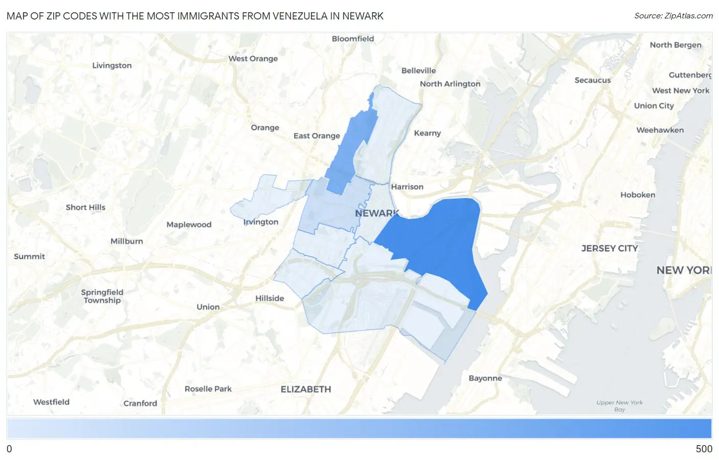 Zip Codes with the Most Immigrants from Venezuela in Newark Map
