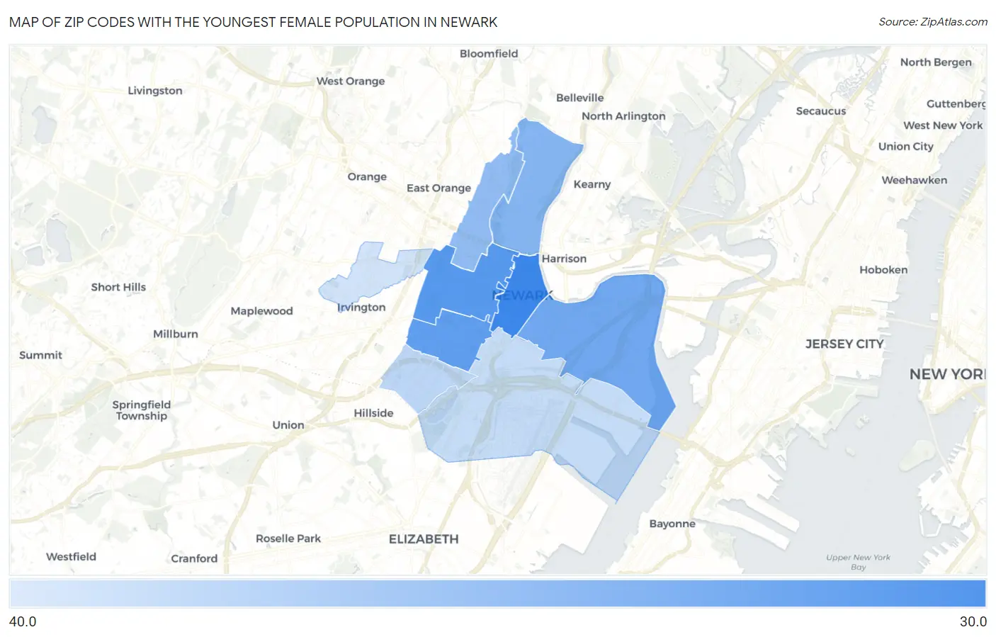 Zip Codes with the Youngest Female Population in Newark Map