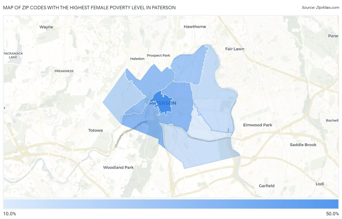 Zip Codes with the Highest Female Poverty Level in Paterson Map