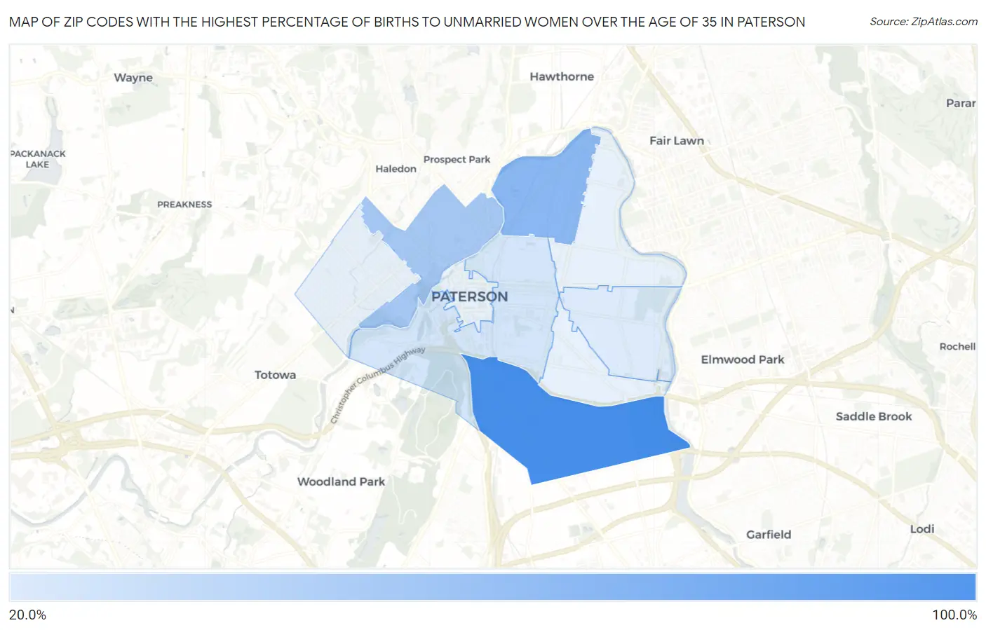 Zip Codes with the Highest Percentage of Births to Unmarried Women over the Age of 35 in Paterson Map