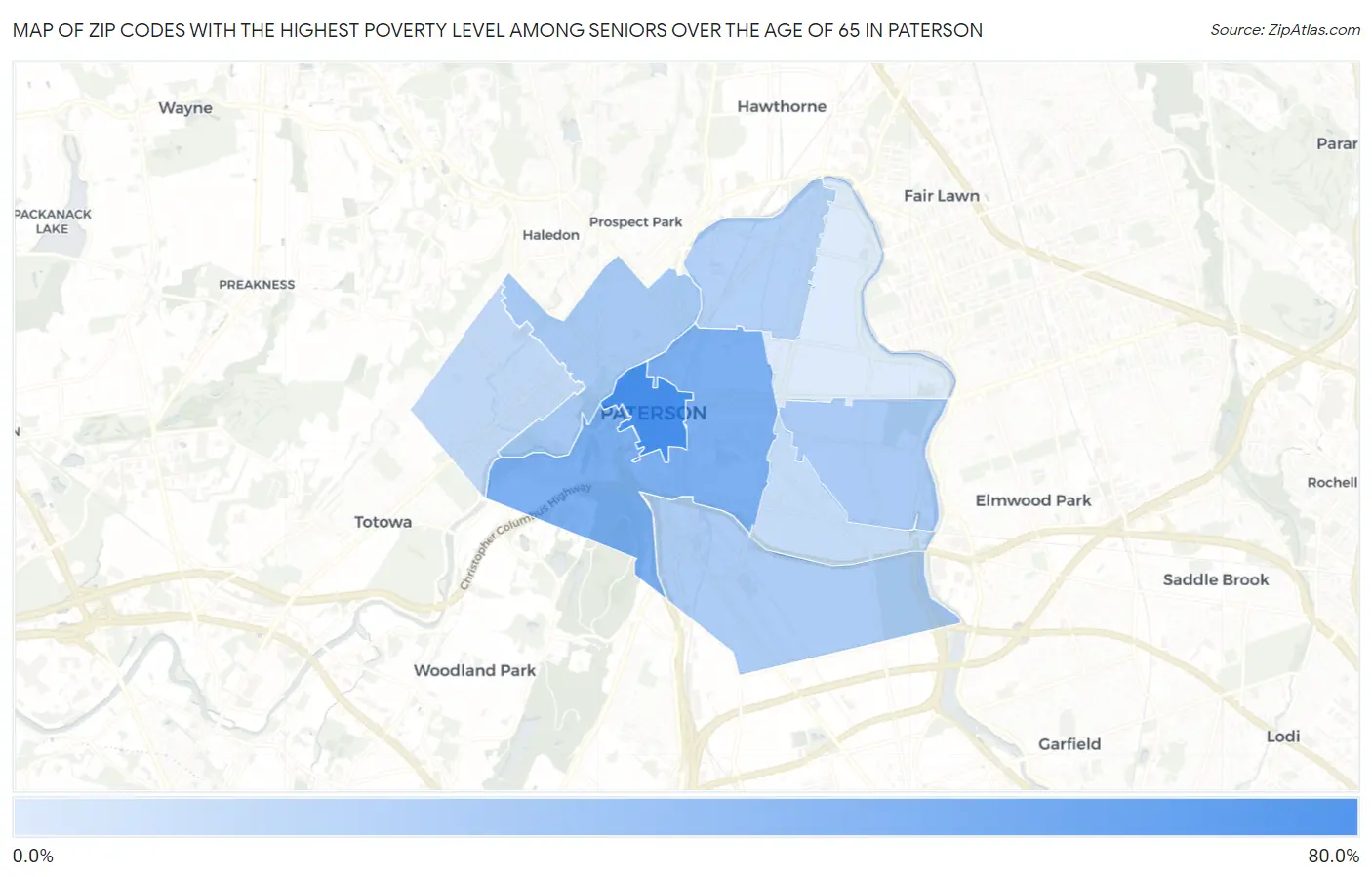 Zip Codes with the Highest Poverty Level Among Seniors Over the Age of 65 in Paterson Map