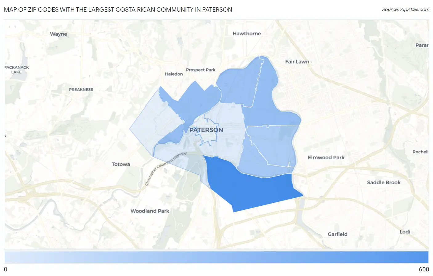 Zip Codes with the Largest Costa Rican Community in Paterson Map
