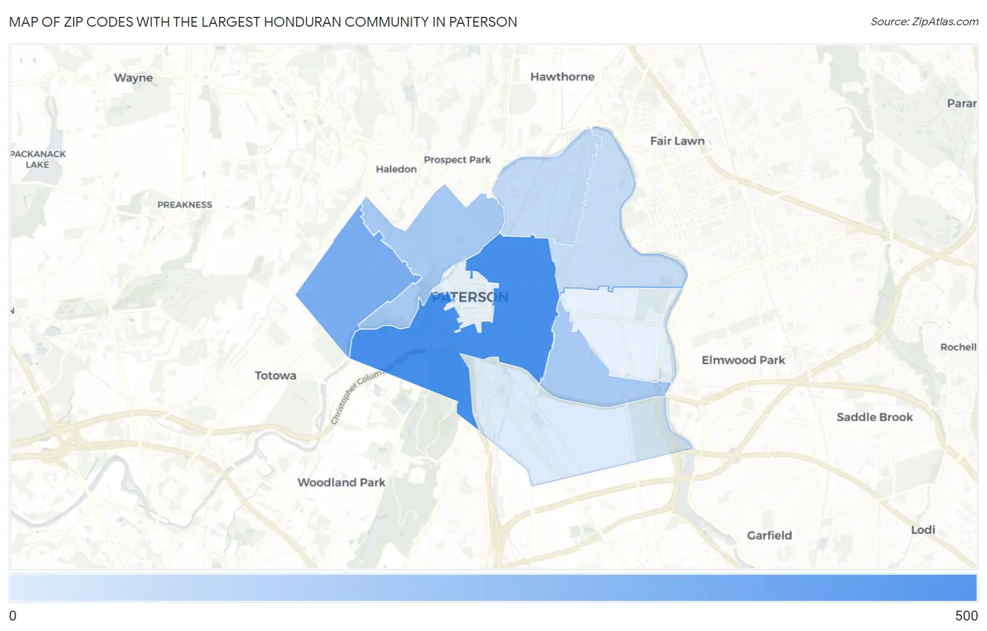 Zip Codes with the Largest Honduran Community in Paterson Map