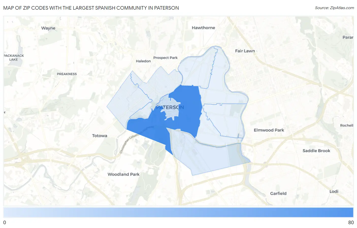 Zip Codes with the Largest Spanish Community in Paterson Map
