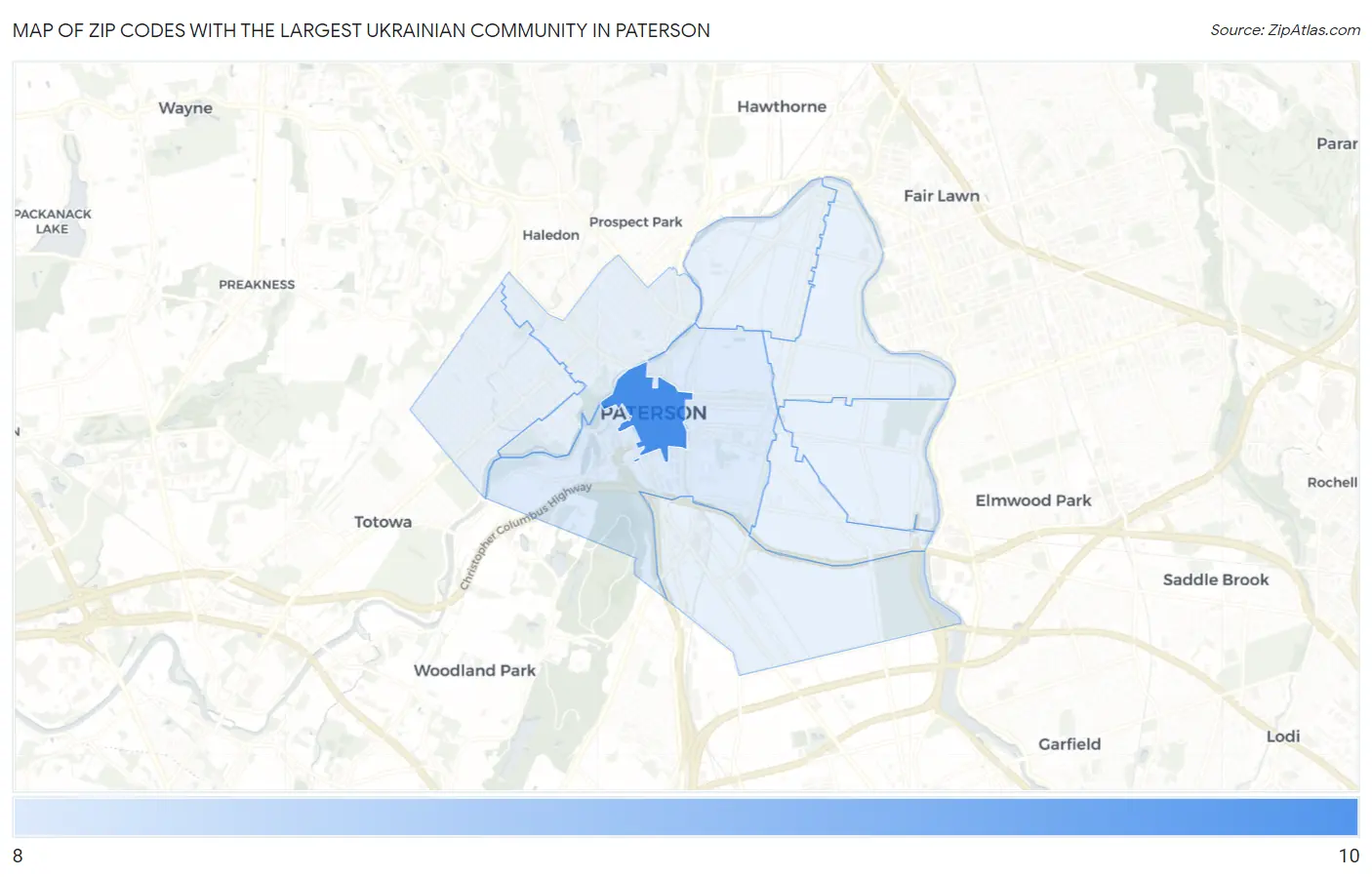Zip Codes with the Largest Ukrainian Community in Paterson Map