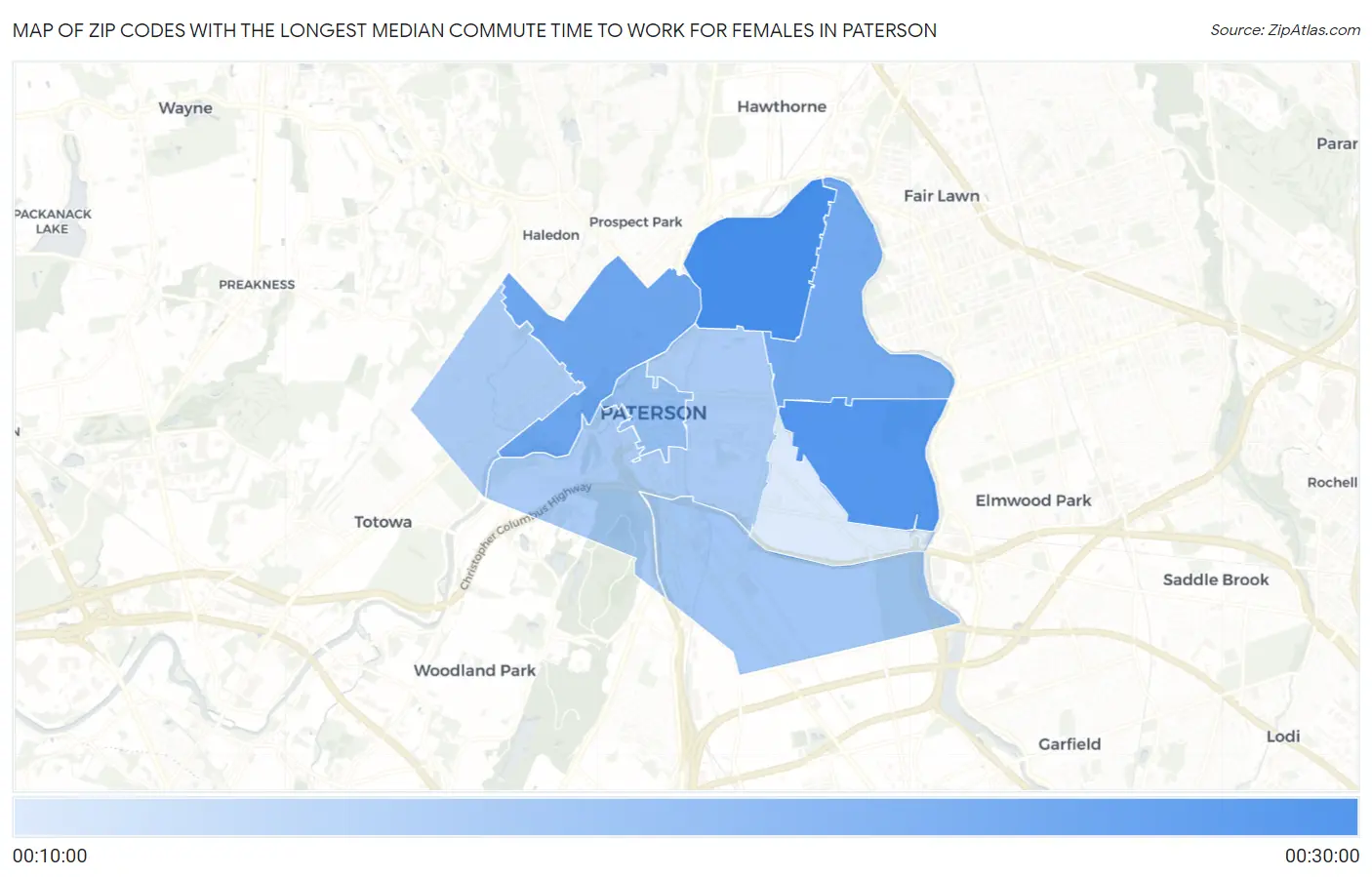 Zip Codes with the Longest Median Commute Time to Work for Females in Paterson Map