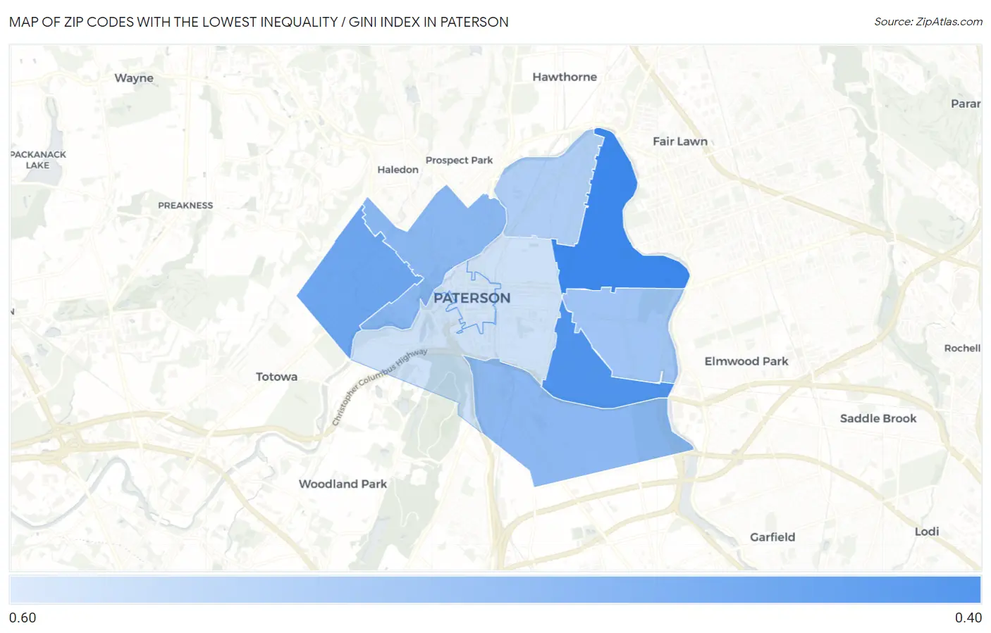 Zip Codes with the Lowest Inequality / Gini Index in Paterson Map