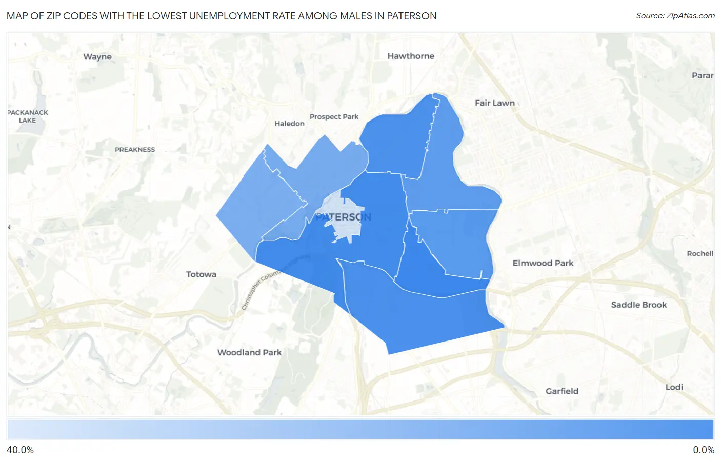 Zip Codes with the Lowest Unemployment Rate Among Males in Paterson Map