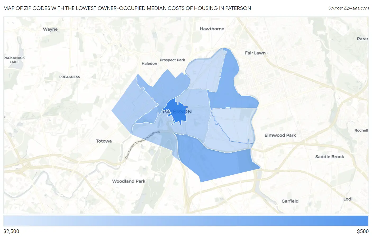 Zip Codes with the Lowest Owner-Occupied Median Costs of Housing in Paterson Map