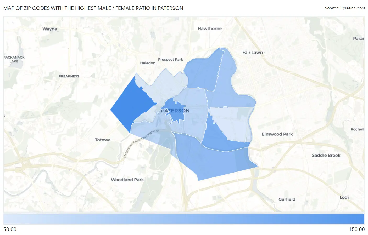 Zip Codes with the Highest Male / Female Ratio in Paterson Map