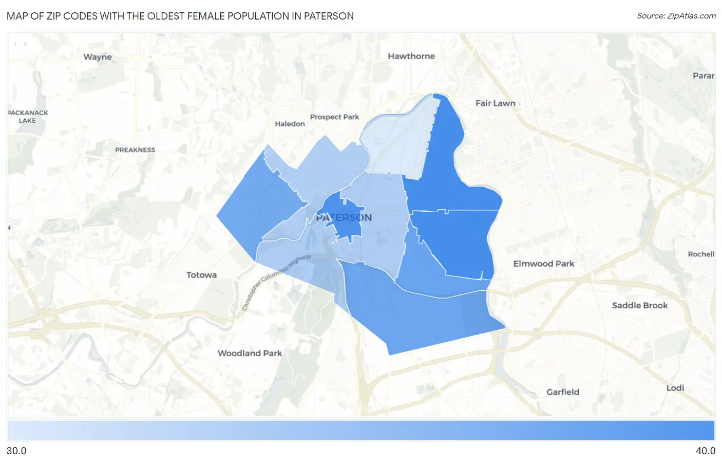 Zip Codes with the Oldest Female Population in Paterson Map