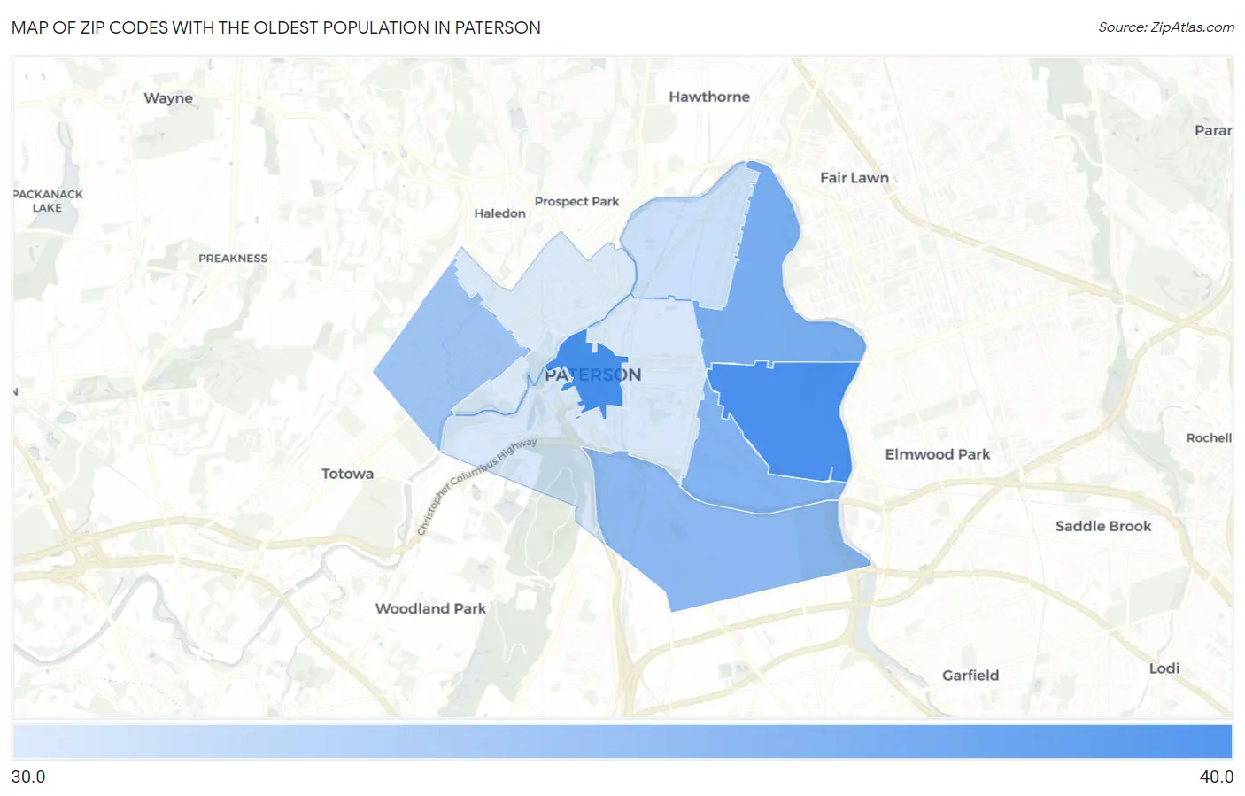 Zip Codes with the Oldest Population in Paterson Map