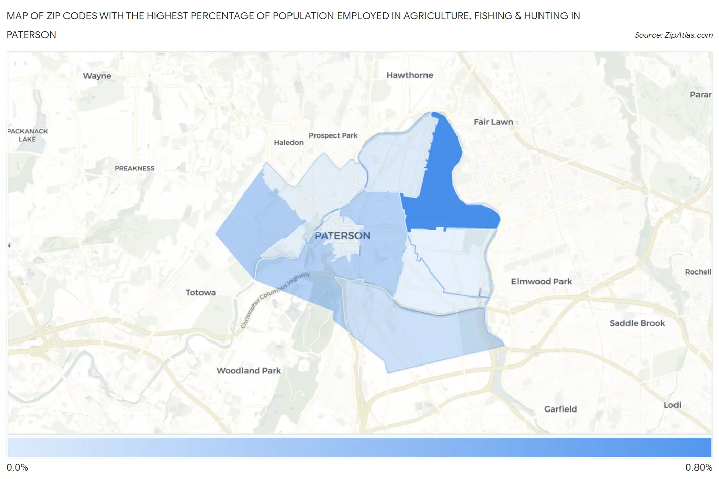 Zip Codes with the Highest Percentage of Population Employed in Agriculture, Fishing & Hunting in Paterson Map